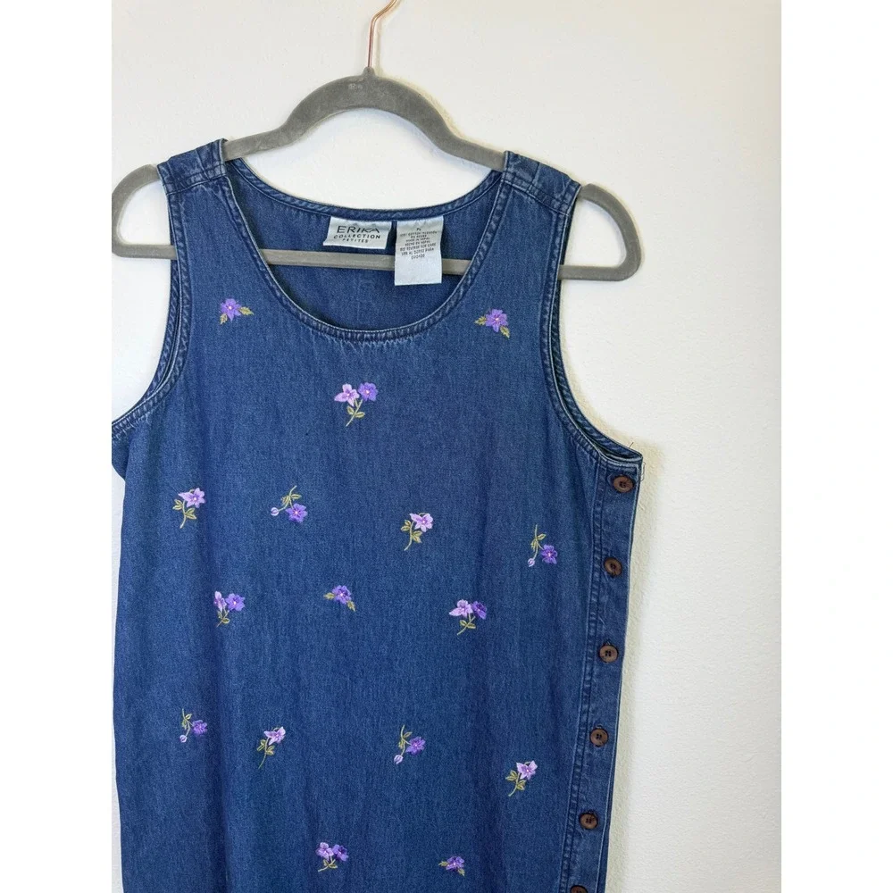 Vtg Denim Floral Embroidered Midi Dress Womens Petite Large Granny Cottagecore - Picture 3 of 6